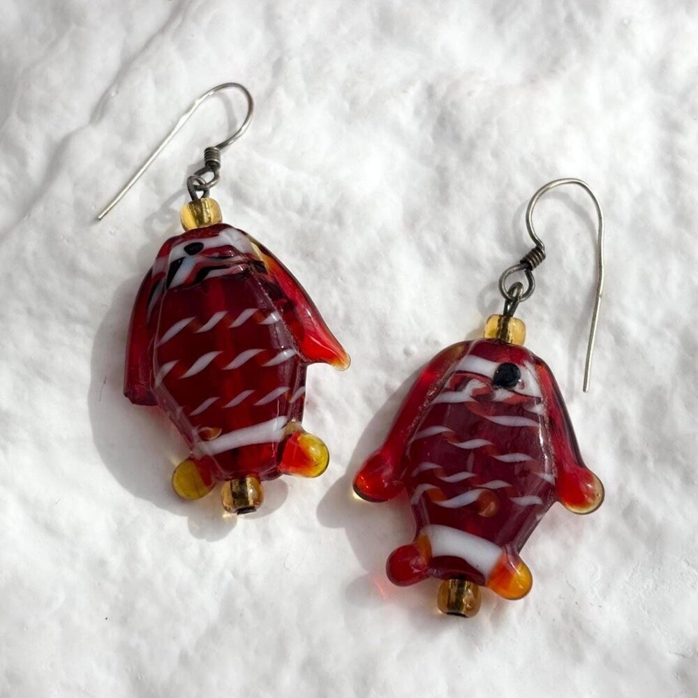 Red Glass GoldFish Figural Bead Dangle Handmade Silver Toned Ear Wire Earrings